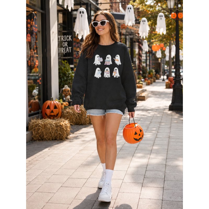 Dark Gray XL Halloween Ghost Reading Books Sweater for Women Cute Spooky Fall Pullover