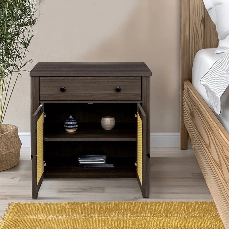 Rattan End Table & Storage Cabinet with Drawer - Walnut