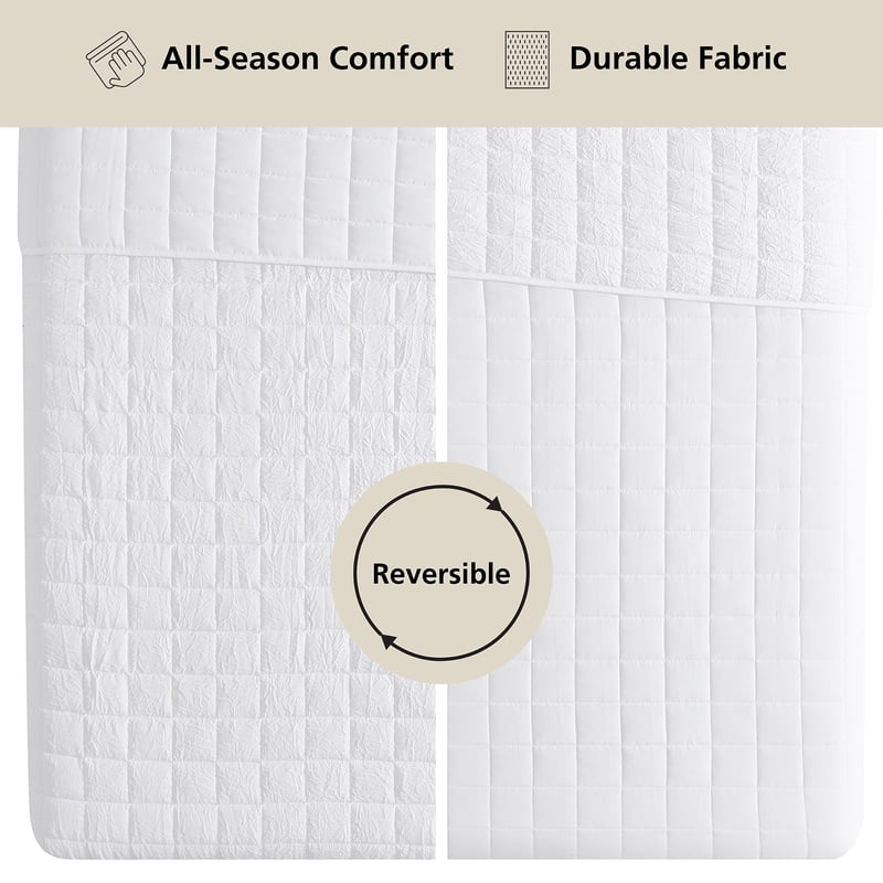 Twin/XL Crinkle Quilt - White Microfiber Bedding, Lightweight & Machine Washable