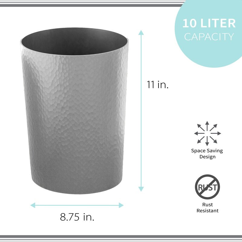 Trash Can - 10 Liter Hammered Plastic Wastebasket - Silver, 2 Pack
