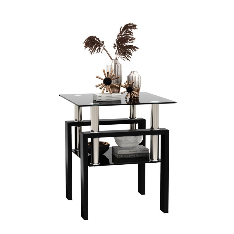 Modern Black Tempered Glass Coffee Table - Square End Table