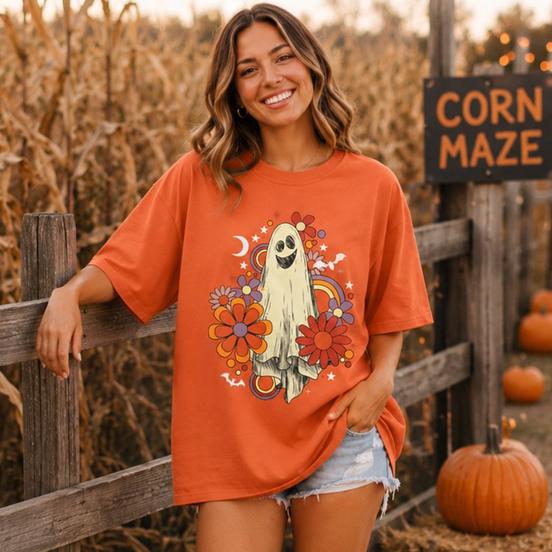 Women’s Oversized Halloween T-Shirt - Ghost Castle Graphic, Orange S