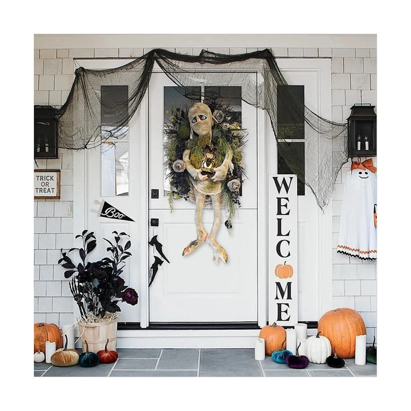 Halloween Mummy Wreath for Front Door Indoor Outdoor Decor - Spooky Fall Gift