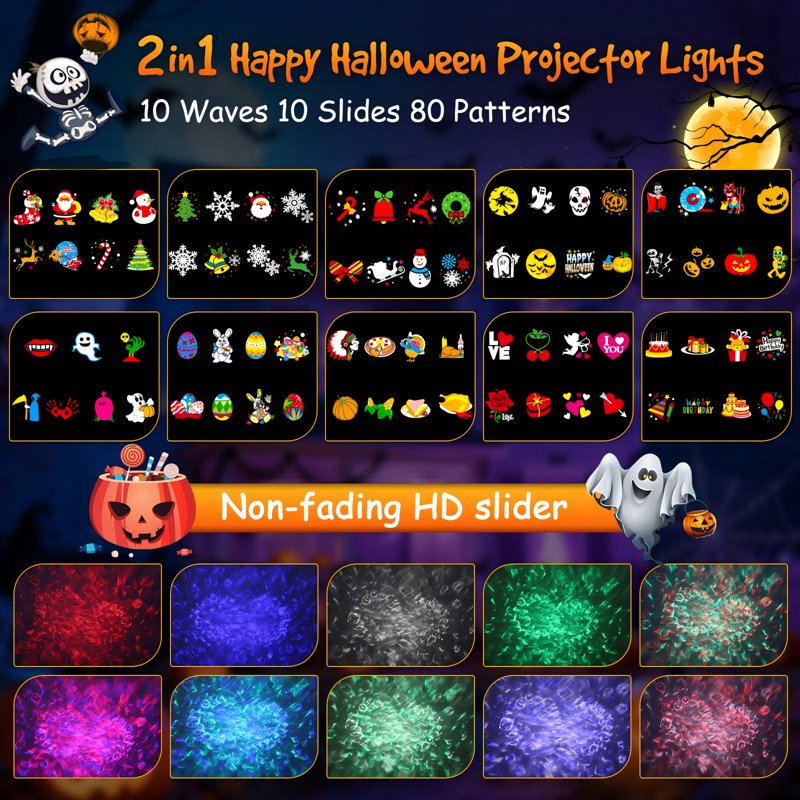 Yannovus Halloween Projector Light 2-in-1 RGBW Moving LED with 80 Patterns - Holiday & Party Decor