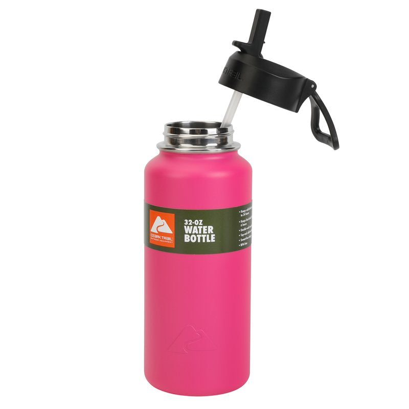 32 oz Stainless Steel Flip Straw Water Bottle - Hot Pink