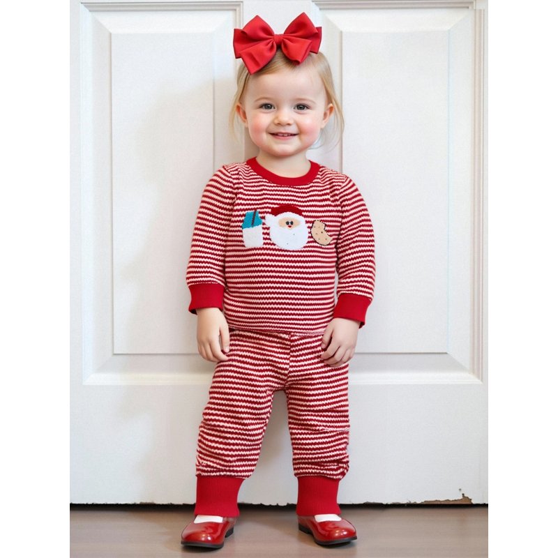 Toddler Boy Girl Christmas Outfit Set 2T Style 14 Santa Embroidery Striped Long Sleeve Pullover and Pants