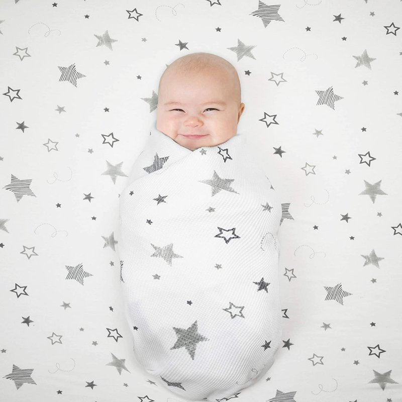 Baby Playard Sheet with Stars - White and Gray 39x27 Inches, 100% Cotton Fitted Mattress Cover