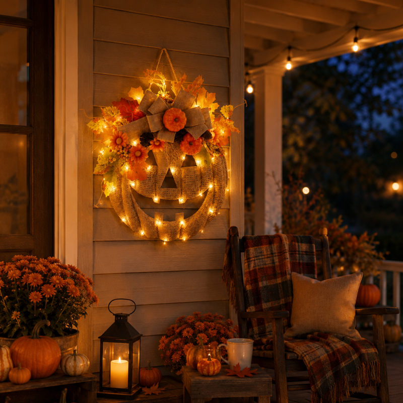 Lighted Burlap Pumpkin Wreath with Remote Control - Fall Door Decor with 8 Light Modes