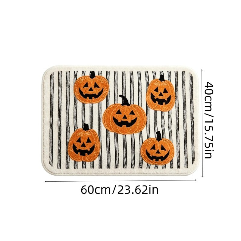 Halloween Floor Mat Non-Slip Black White Striped Pumpkin Face Welcome Rug - Variation C