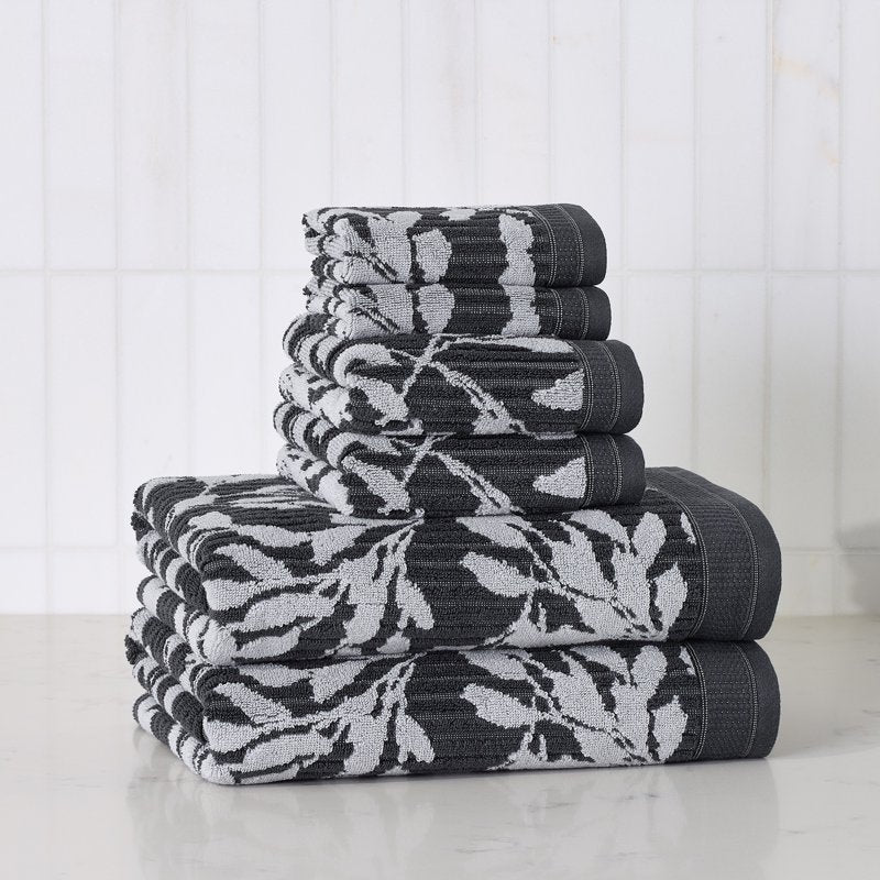Soft Floral Bath Towel Set - 6 Pieces, Grey Shadow & Silver