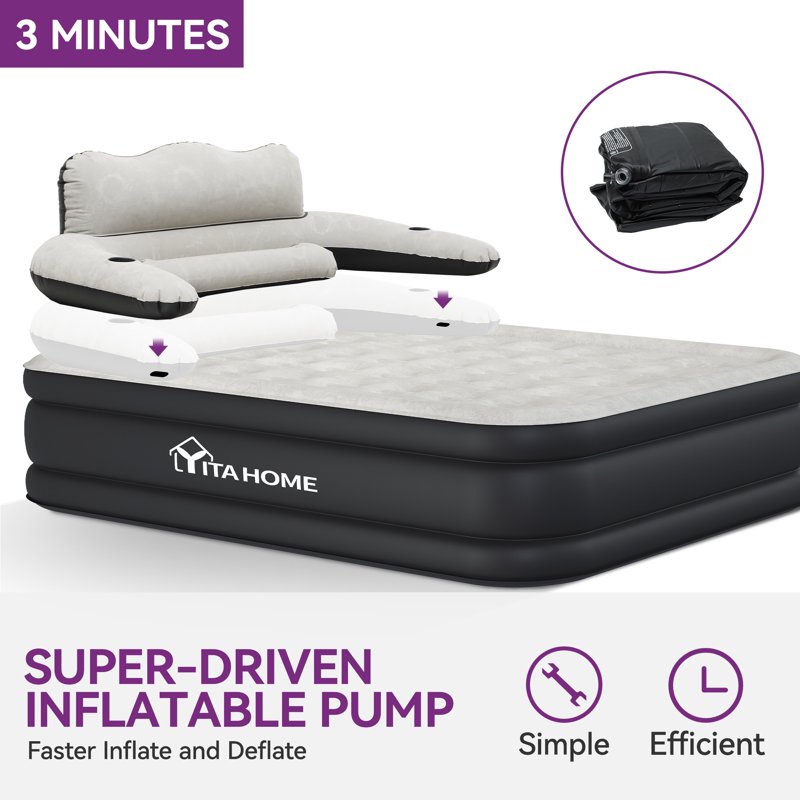 Queen Size Inflatable Air Mattress with Headboard & Built-In Pump - Gray-Style2