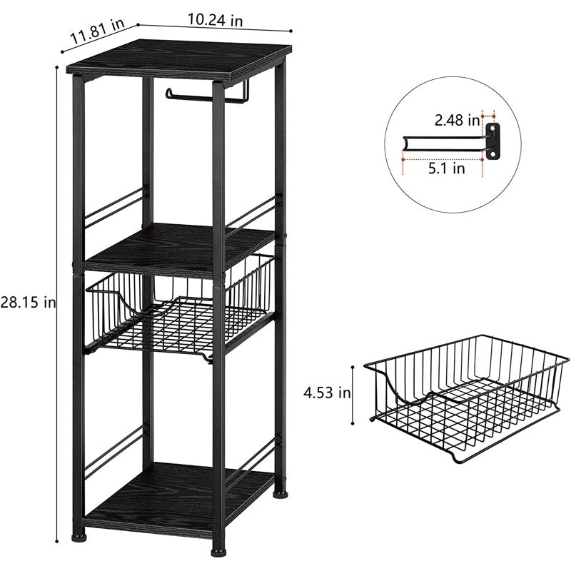 Black 3-Tier Freestanding Bathroom Shelf with Drawer and Toilet Paper Holder - Oumilen