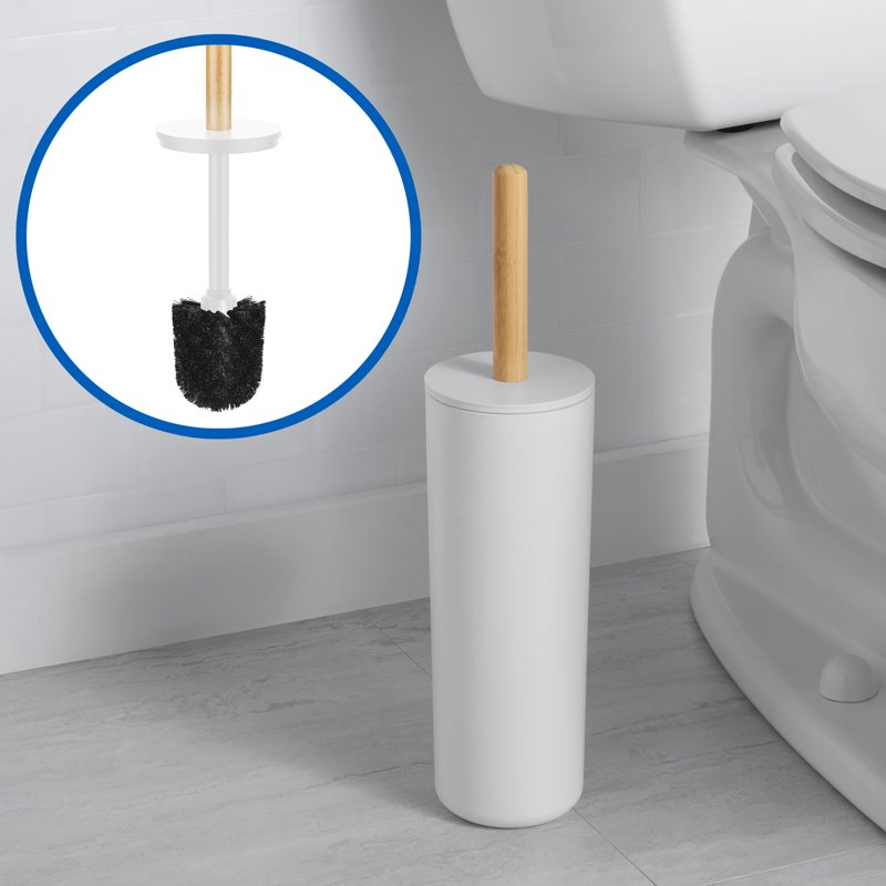 Toilet Bowl Brush and Holder Set - Natural Bamboo Handle - White Variation