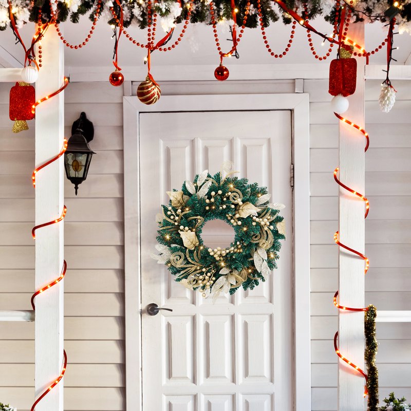 18-Inch Prelit Christmas Wreath with Golden Leaves & Bows - Wall Fireplace Decor