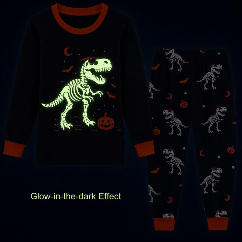 Dino Skeleton Pumpkin Kids Halloween Pajamas Set - Glow-in-the-Dark 2T
