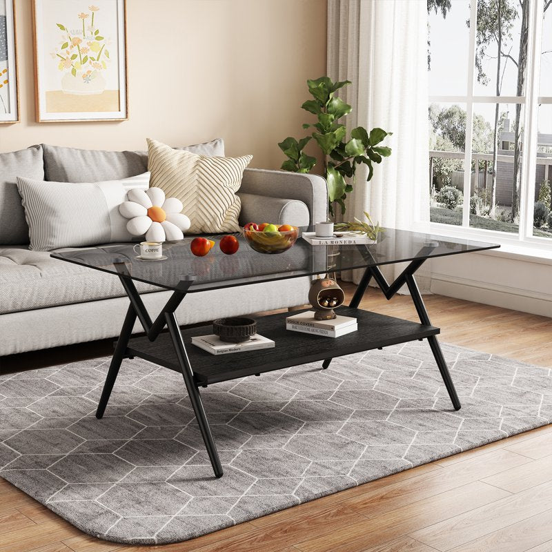 Modern Glass Coffee Table with Lower Shelf - Rectangle Design