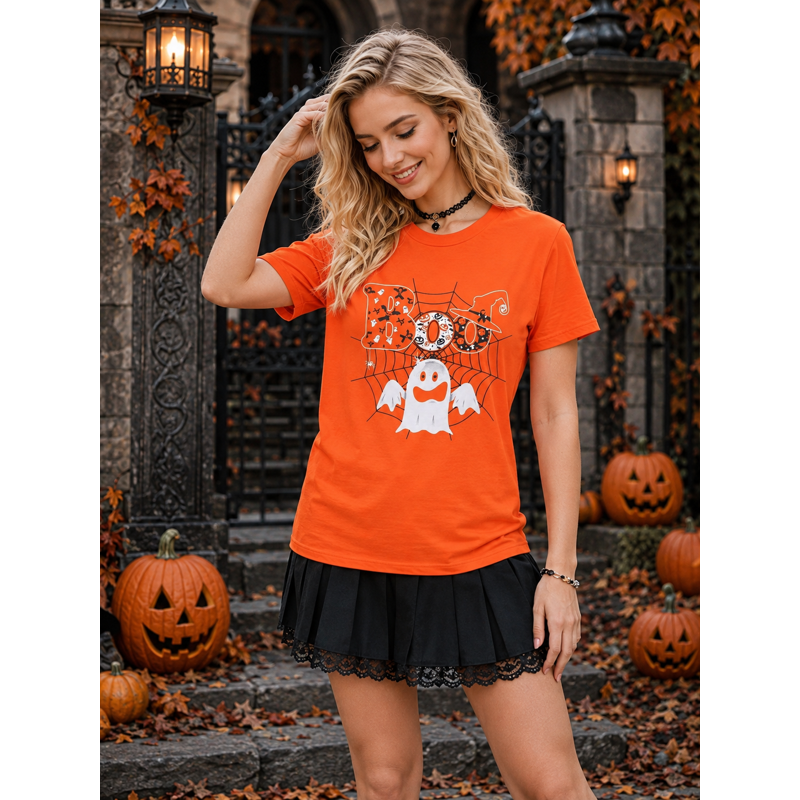 Women Halloween Boo T-Shirt Orange M Ghost Pumpkin Spider Graphic Crew Neck
