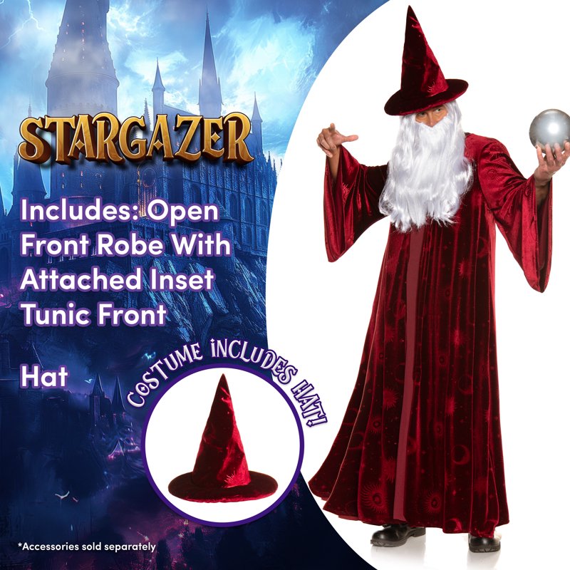 Men's Burgundy Wizard Costume One Size 42-44 Fantasy Cosplay Halloween