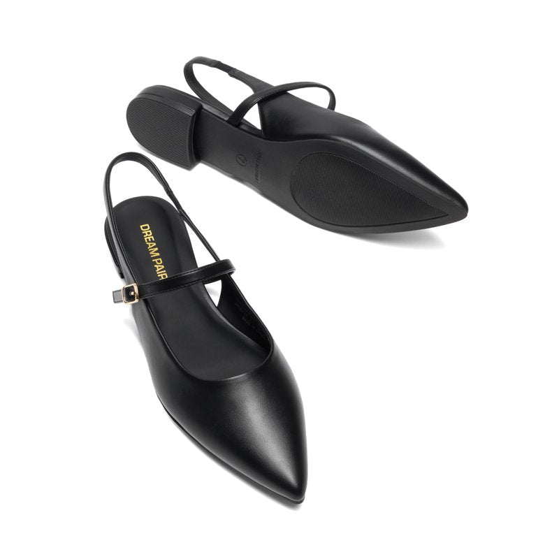 Black Women’s Pointed Toe Slingback Flats - Adjustable Ankle Strap, Low Heel Size 9.5