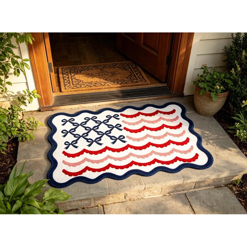 Patriotic Door Mat 4th of July Bow Flag Floor Doormat - 24x35in - Independence Day Welcome Rug - Non Slip Front Porch Decor