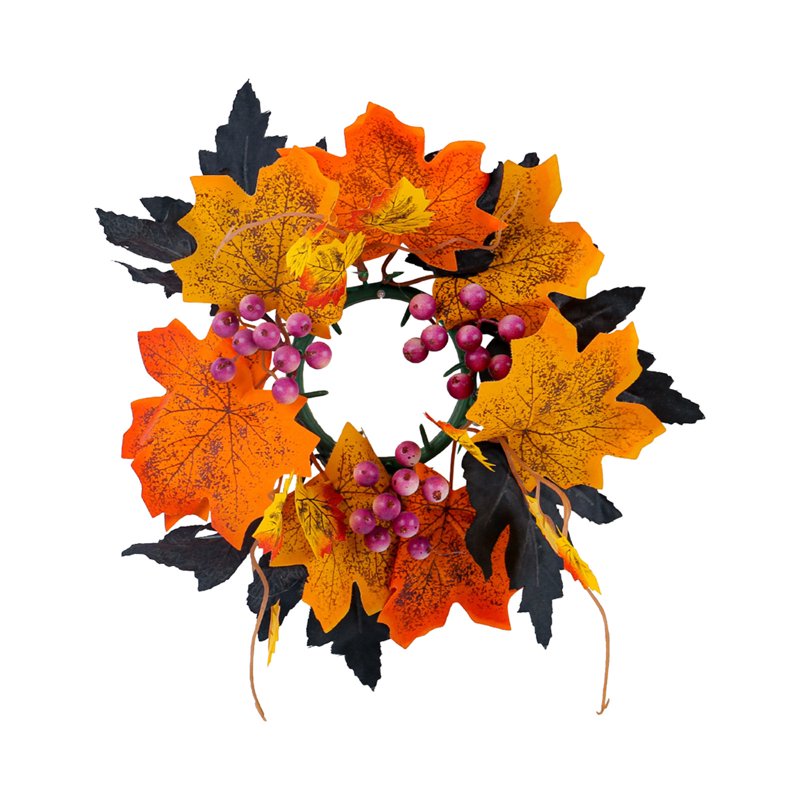 Halloween Candle Wreath with Maple Leaves and Roses - Indoor Outdoor Fall Decor - Variation A