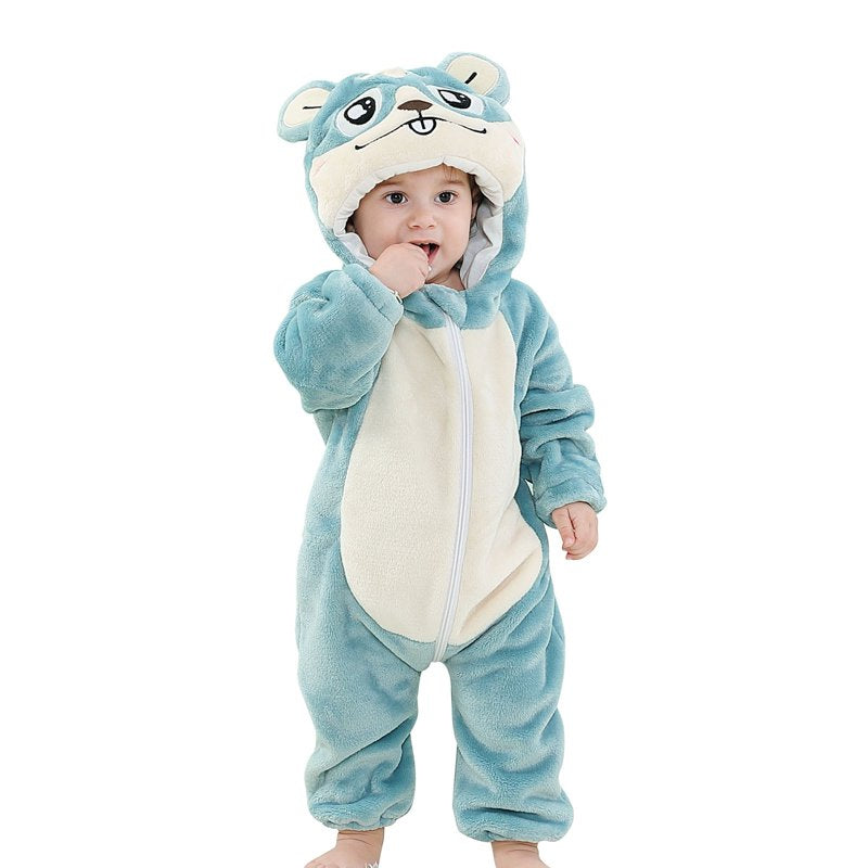 Kids Animal Hooded Flannel Romper - Blue, 18-24 Months