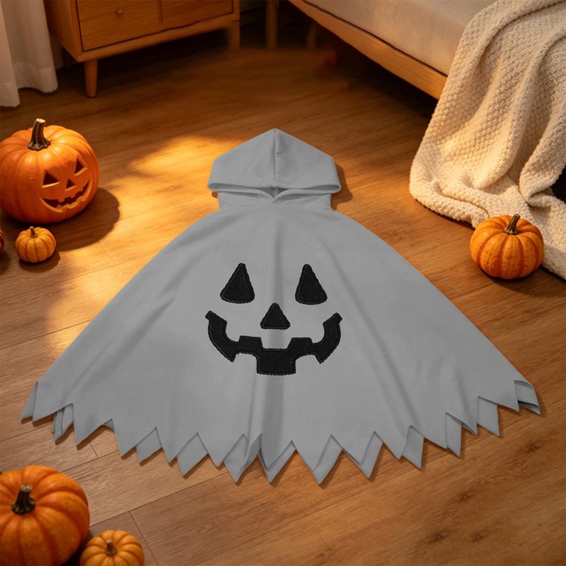 Grey Ghost Face Kids Halloween Costume Cape for Boys and Girls 10-12 Years - Unisex Hooded Dress Up