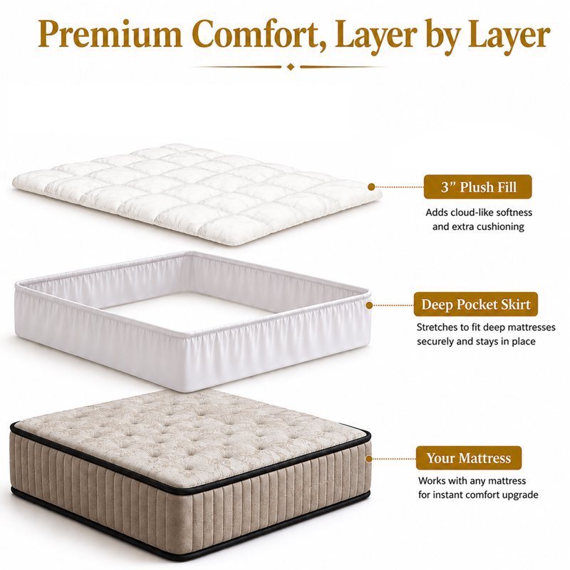 Full Size 3-Inch Quilted Mattress Pad - Breathable Cooling Mattress Protector with 18" Deep Pocket - White