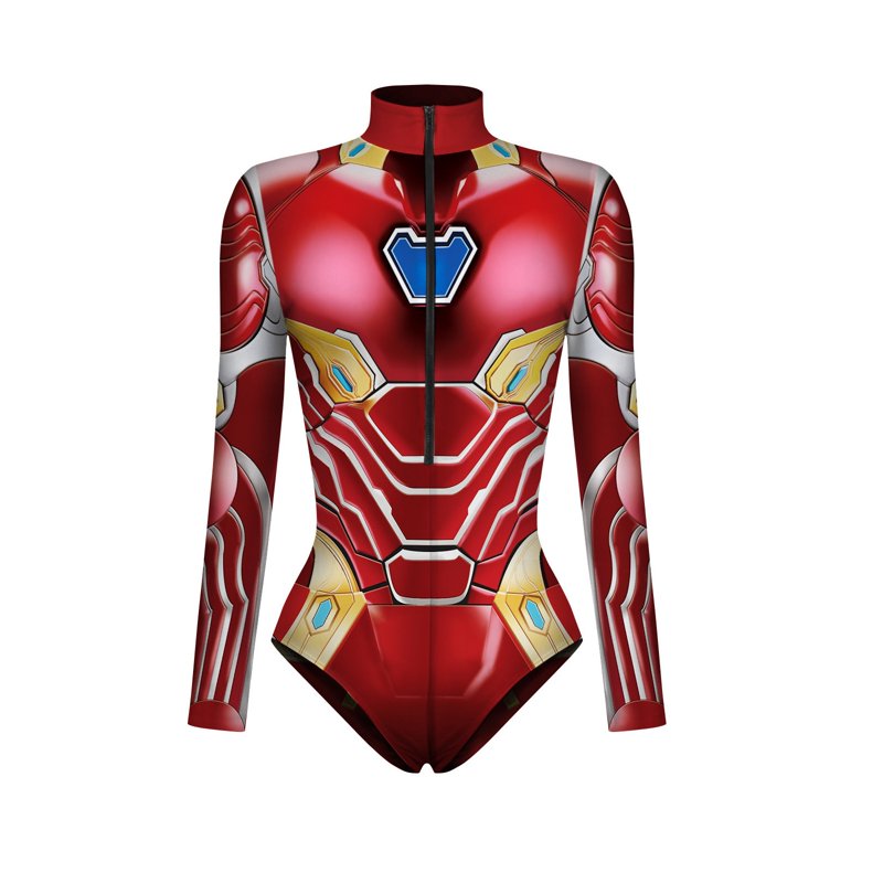 Deep Red Superhero Cosplay Bodysuit for Women - 2XL, Long Sleeve & Belt Detail