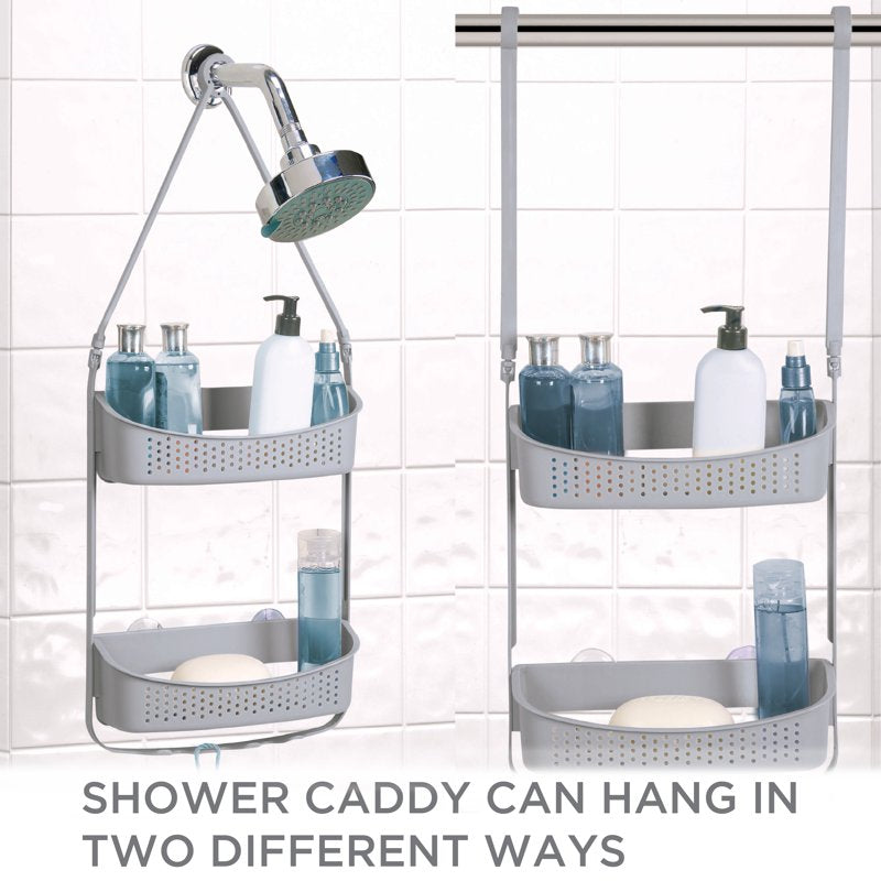 Grey 2-Way Convertible Plastic Shower Caddy with Hooks & Wide Shelves