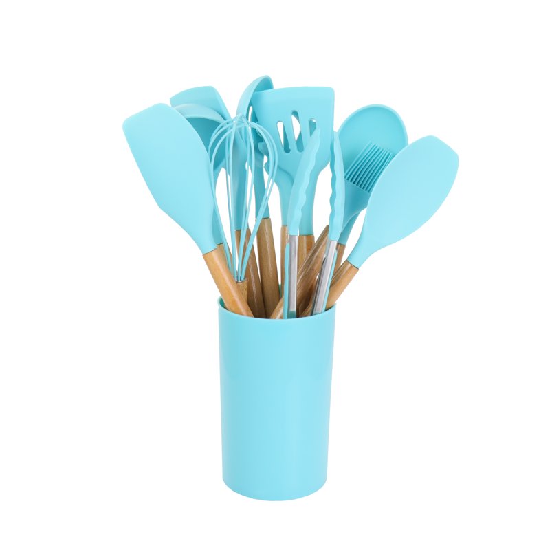 12 Piece Silicone and Wood Cooking Utensil Set - Light Teal