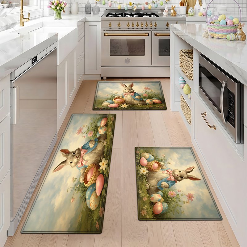 Easter Eggs Garden Flannel Mat & Kitchen Rug Set - Non-Slip, Soft, 2Pcs