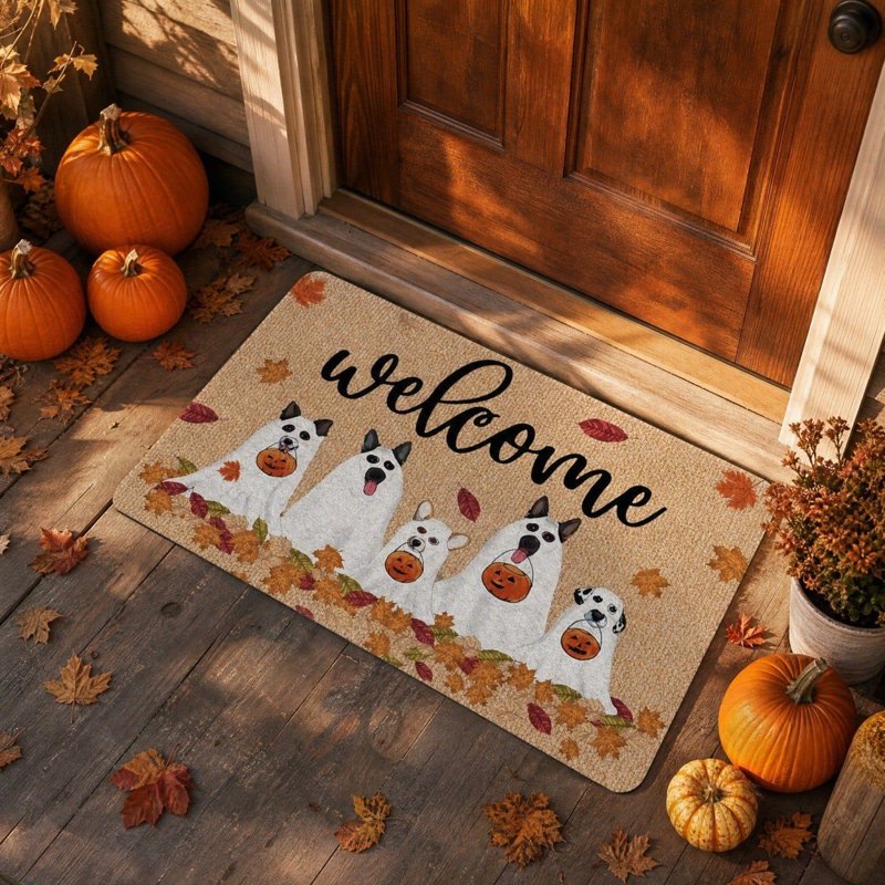 Halloween Ghost Dog Pumpkin Maple Leaf Welcome Doormat - Fall Entry Rug with Cute Dogs