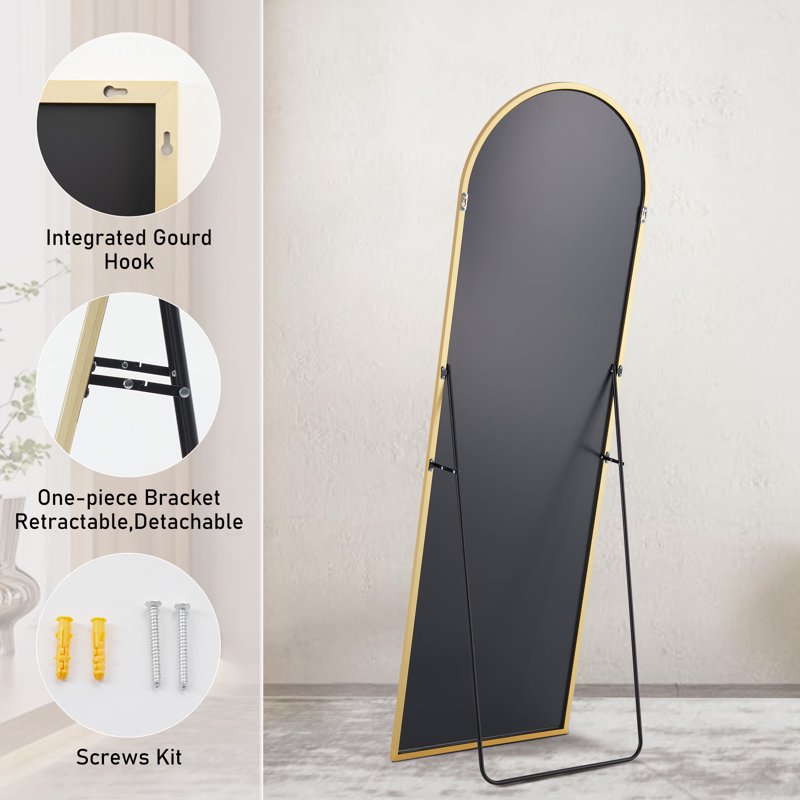 64-Inch Gold Full-Length Arched Floor Mirror with Bracket - Modern Home Decor