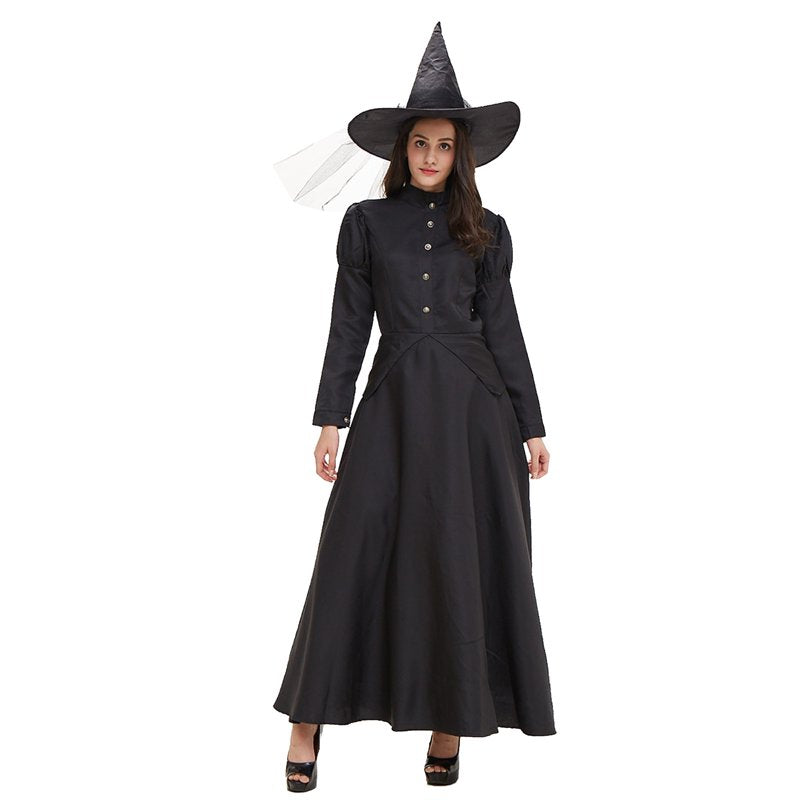 Women’s Medieval Witch Costume Dress with Hat - Black, Large (L)