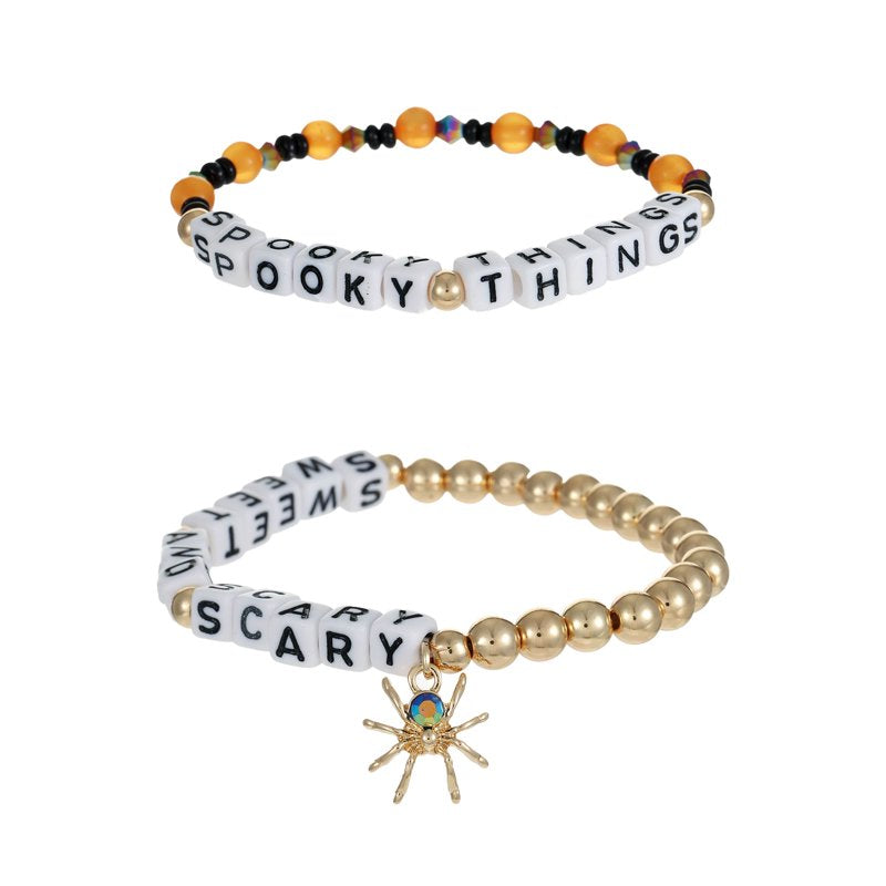 Sweet and Scary Halloween Beaded Stretch Bracelet Set - 2 Pieces, Spooky Style