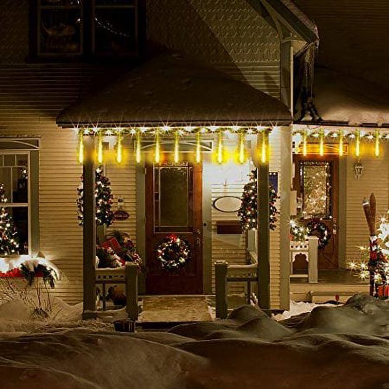 Meteor Shower Icicle Lights Outdoor 8 Tube 192 LED Cascading Christmas & Halloween Decor - Warm White
