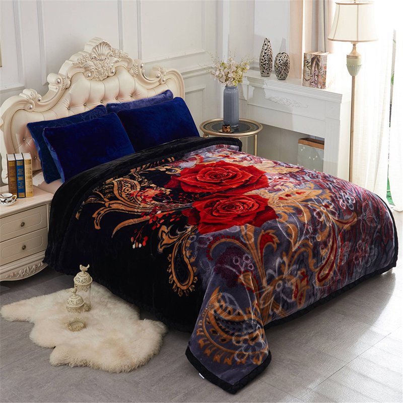 King Size Faux Mink Fleece Blanket - Heavy 10lbs Plush Bed Throw - Purple Black-Red Floral