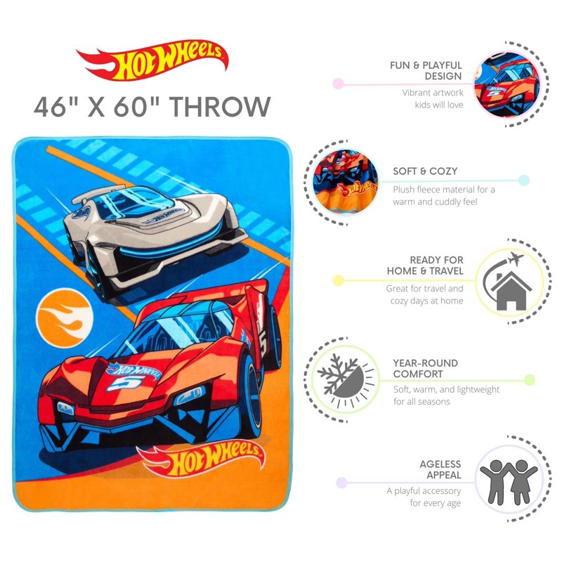 Kids Blue Print Fleece Throw Blanket - Hot Wheels Race Car Design, 46 x 60