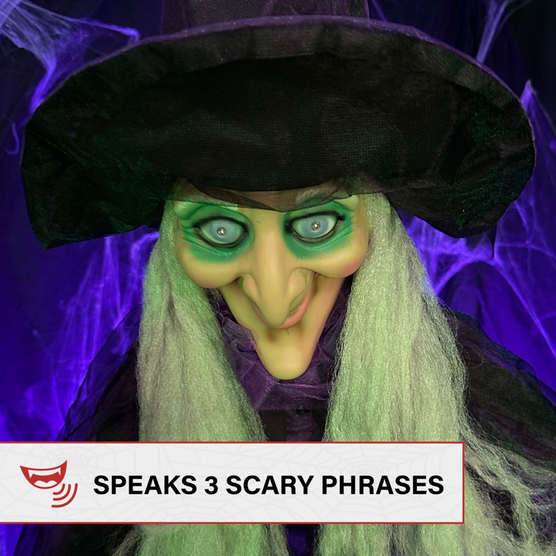 6 Ft Talking Animated Witch Halloween Decoration with Broomstick