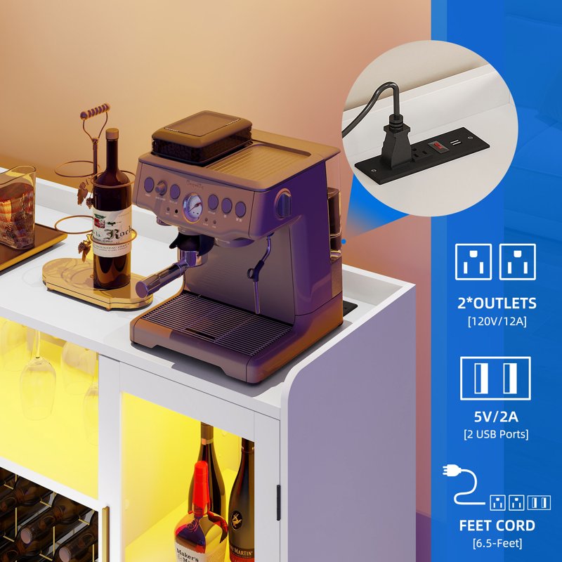 Wine Bar Cabinet with Power Outlet & RGB LED Light - White