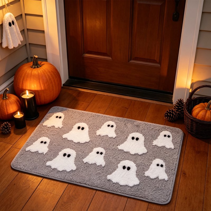 Halloween Ghost Bath Mat 23.6x15.7in Faux Fur Rug with Secure Grip - Gray Variation 01