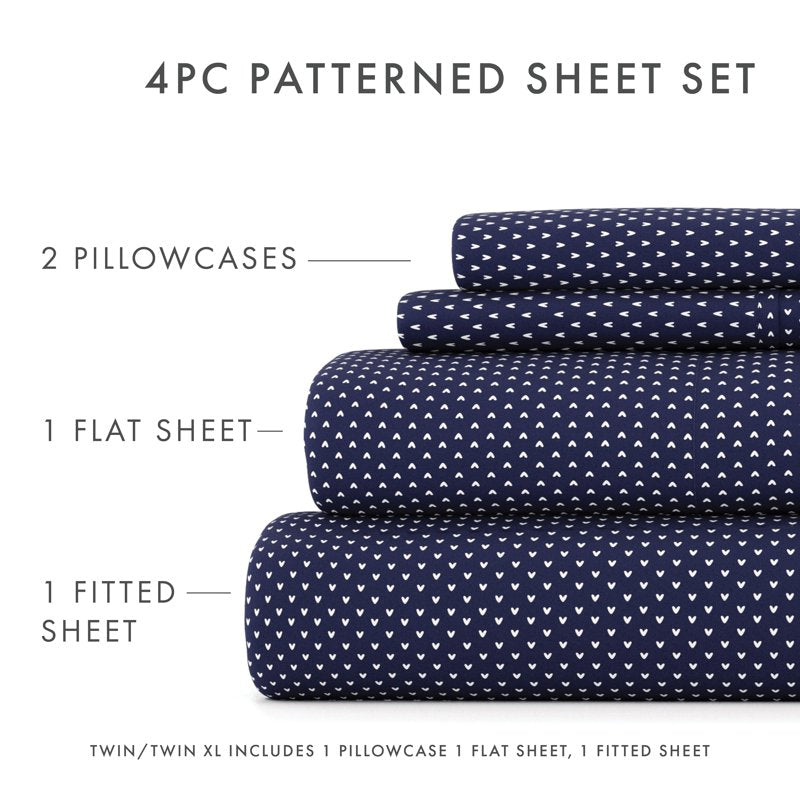 Queen Microfiber Bed Sheets Set with Pattern, Navy Heart - 4 Piece