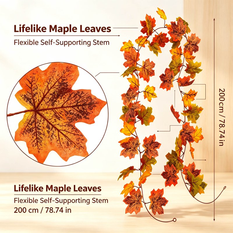 Artificial Maple Leaf Garland - 6.6 Ft Fall Autumn Decor - Orange G