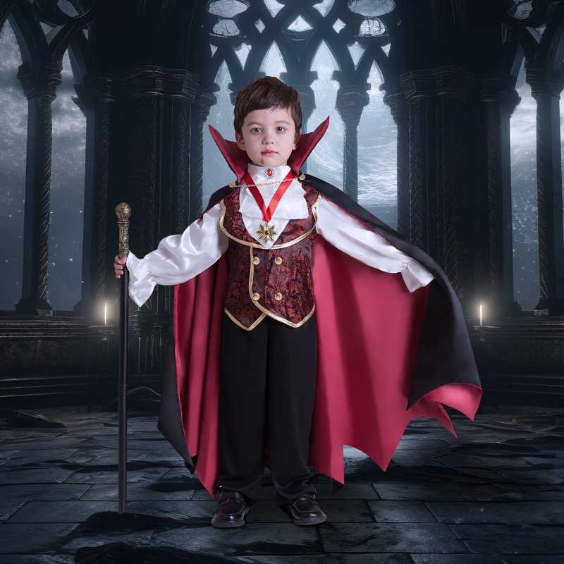Kids Vampire Costume Gothic Halloween Dress Up - Black & Red, 5-7 Years