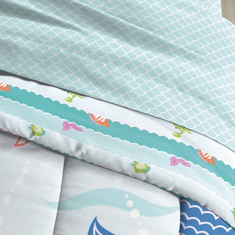 Full Mermaid Dreams Bed-in-a-Bag Comforter Set for Girls - Light Blue, Reversible, Microfiber