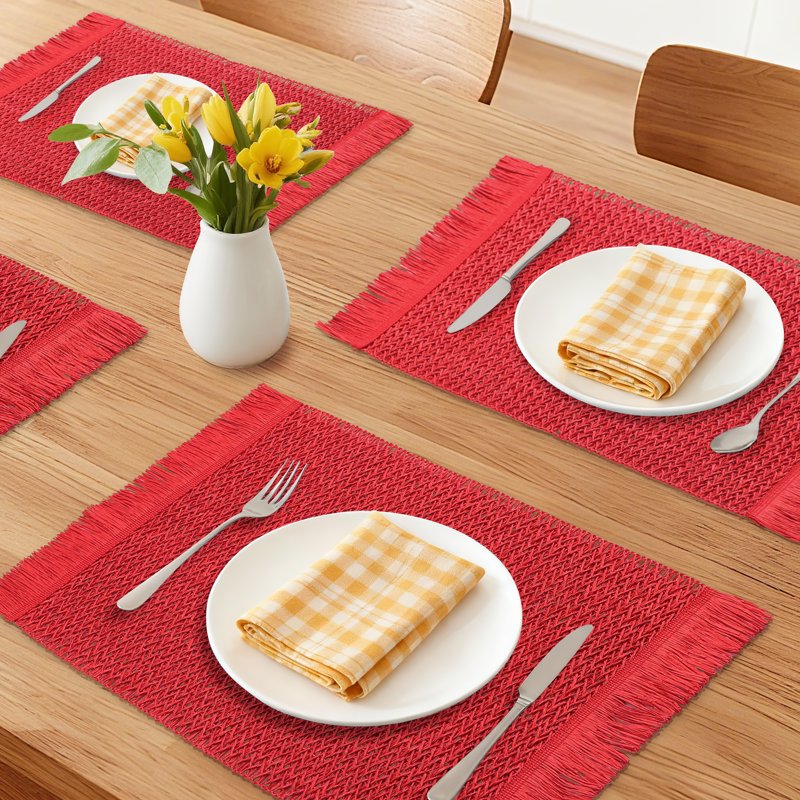 Farmhouse Placemats Set of 6 Woven Table Mats - Red