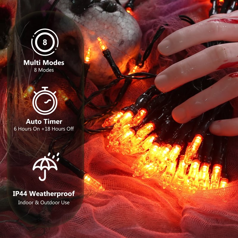 Halloween String Lights 33ft 100 LED Battery-Powered Waterproof Outdoor Indoor Orange & Purple