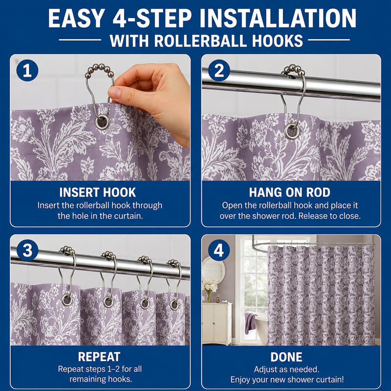 Purple Floral Shower Curtain Set with PEVA Liner & Hooks - 72x72 Inches