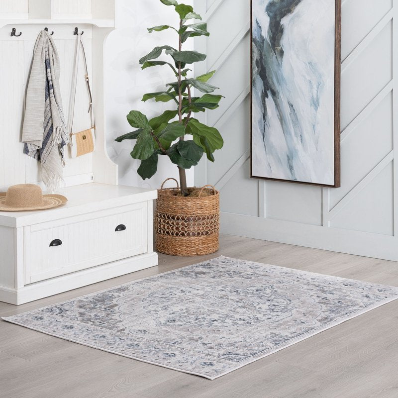 Indoor Doormat 2' x 3' Gray Traditional Medallion Floor Mat for Entrance